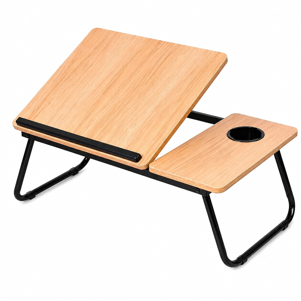 Mesa Auxiliar Ajustable con Portavasos, Bandeja Plegable para Cama y Sofá, Ideal para Ordenador y Lectura, Altura Regulable, Fabricada en MDF, Acero y Plástico (Natural)