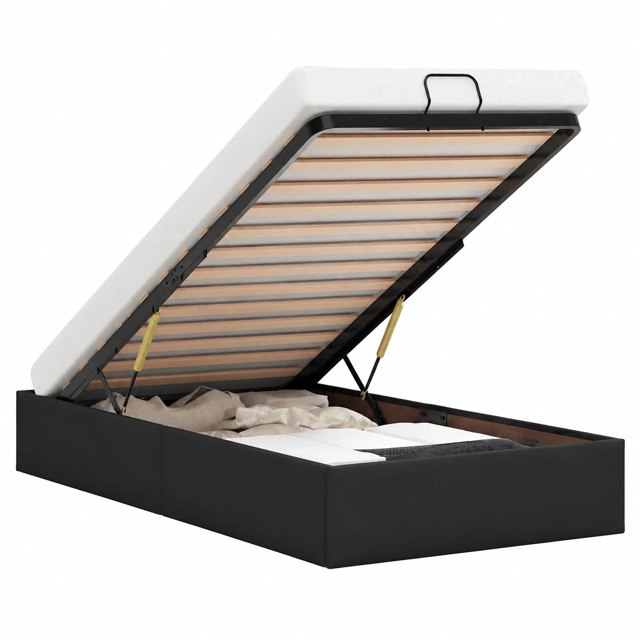 Cama Individual Negra con Base Tapizada y Canapé Abatible 90x190 cm