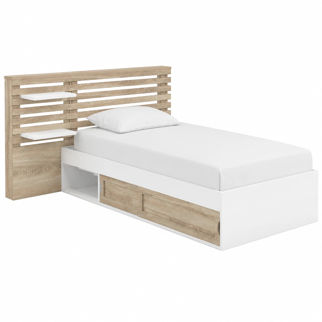 Cama Individual Savana con Almacenamiento y Somier 90x190 cm, Haya/Blanco