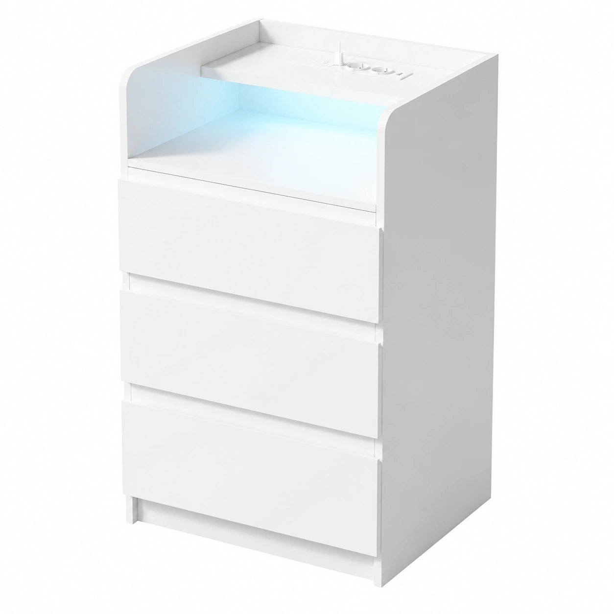 Mesita de Noche Blanca Moderna con LED y Enchufes, 3 Cajones y 1 Compartimento