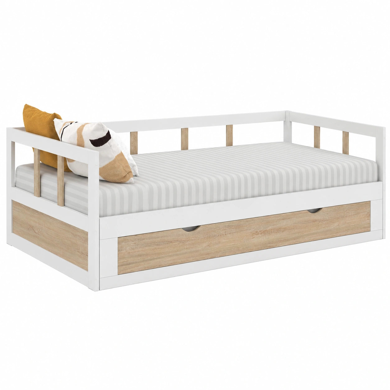 Cama Tapizada Zoya 90x190cm Desplegable Blanco y Haya con Cajón