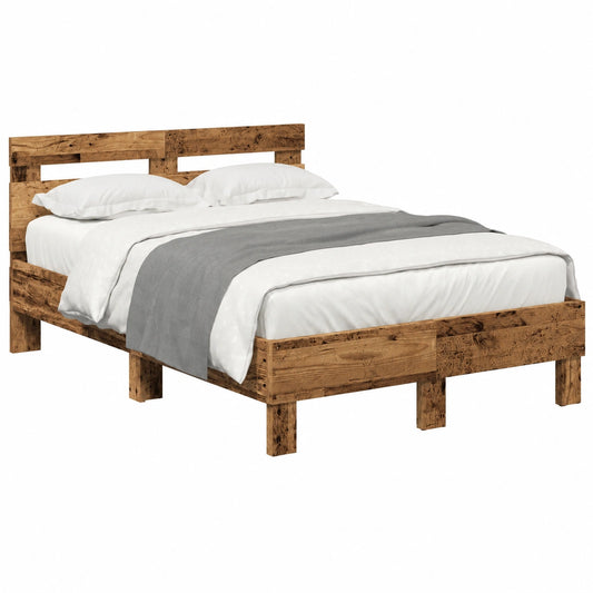 Cama de Madera Reciclada 120x190 cm con Cabecera y LED USB, Diseño Moderno para Dormitorio