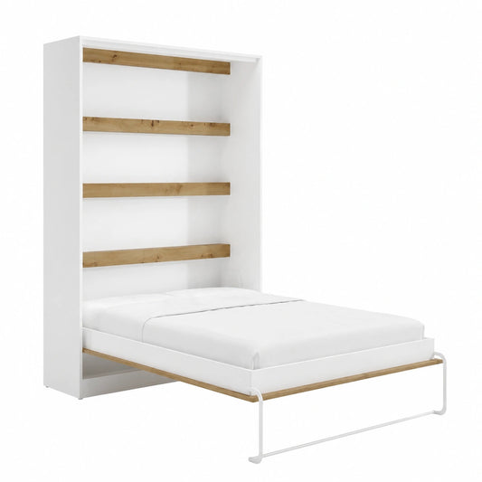Cama plegable vertical 140x200 cm con luces LED - Blanco y Natural