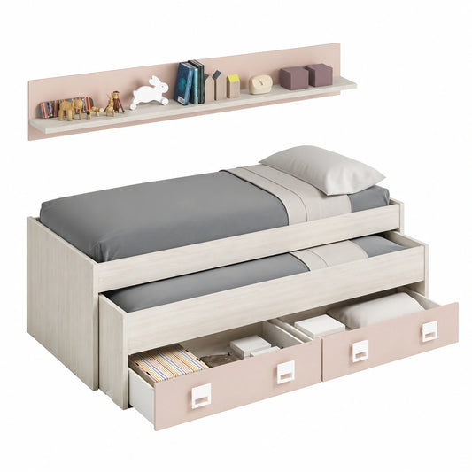 Cama Nido con Cajón y Estante en Rosa Candy 90x190/90x180cm