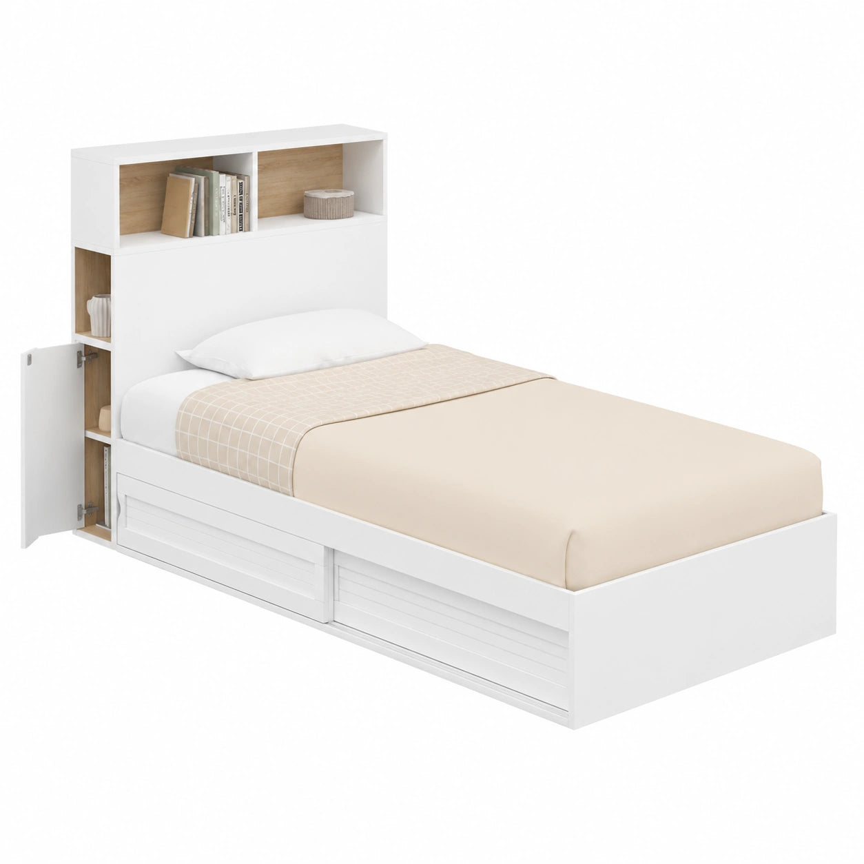 Cama Individual Clem con Almacenamiento y Cabecero, Blanco y Haya, 90 x 190 cm
