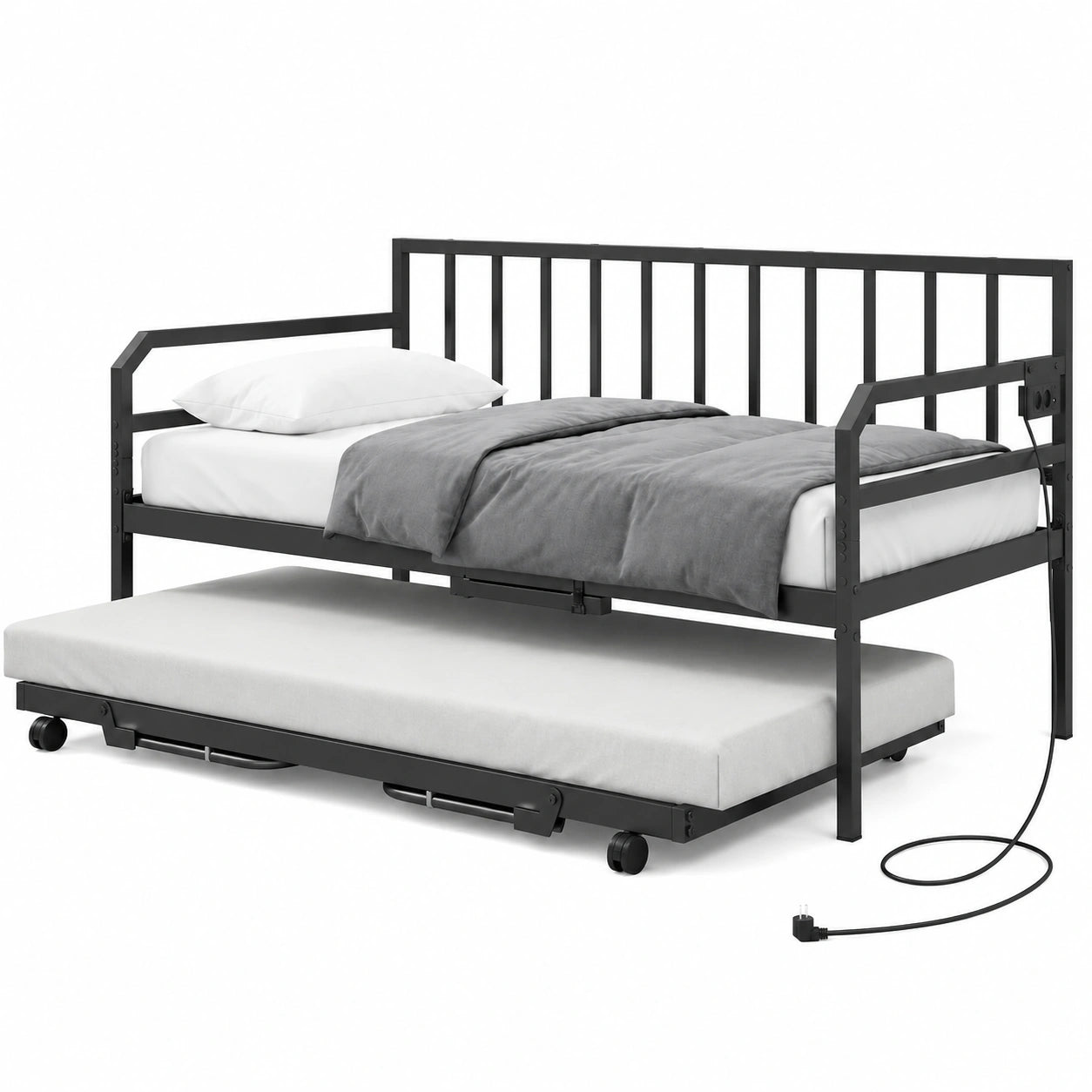 Cama Nido Metálica con Sofá Integrado y Luces LED, 205 x 90 x 96,5 cm, Moderna para Salón o Dormitorio