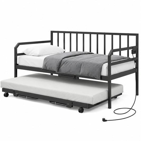 Cama Nido Metálica con Sofá Integrado y Luces LED, 205 x 90 x 96,5 cm, Moderna para Salón o Dormitorio
