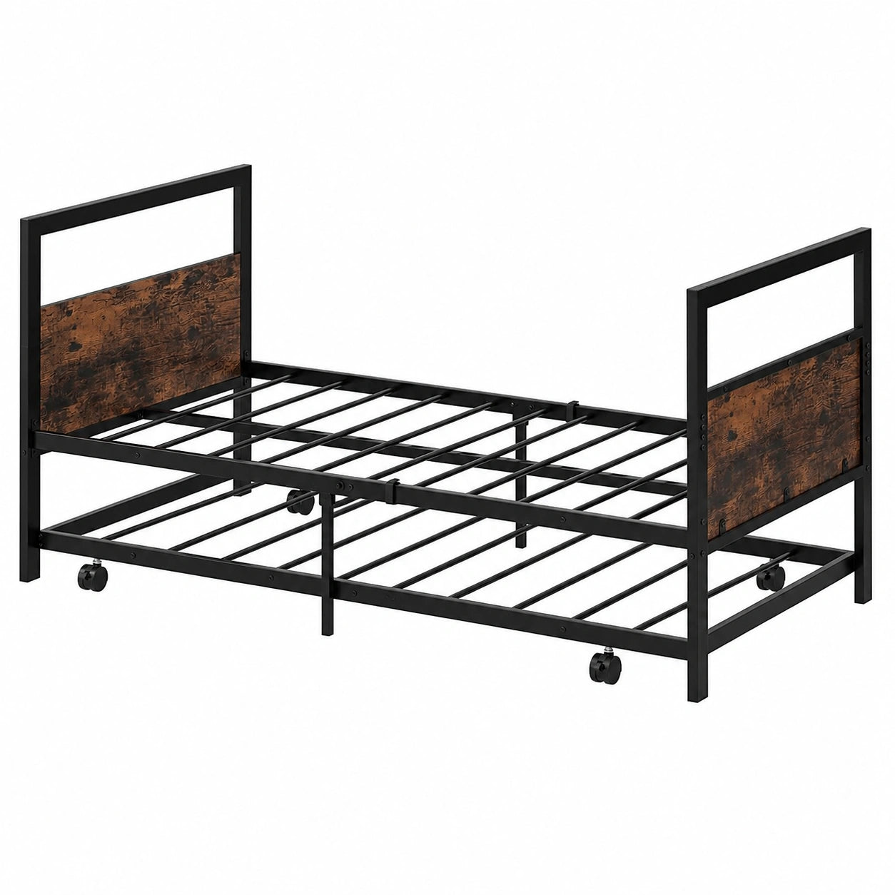 Cama Individual Industrial con Cama Auxiliar y Estructura Metálica, Marrón Rústico, 90x200 cm, 220 kg