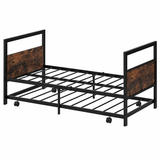 Cama Individual Industrial con Cama Auxiliar y Estructura Metálica, Marrón Rústico, 90x200 cm, 220 kg